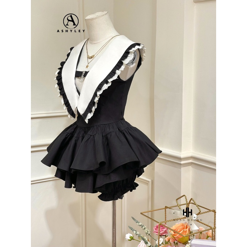 Váy cổ V kẹp bèo chân váy xòe TKCC ASHYLEY