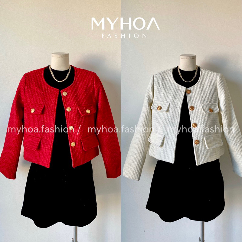MYHOA| Áo Dạ Nữ Tweed 4 Nắp Túi Cúc Mạ Vàng Cao Cấp