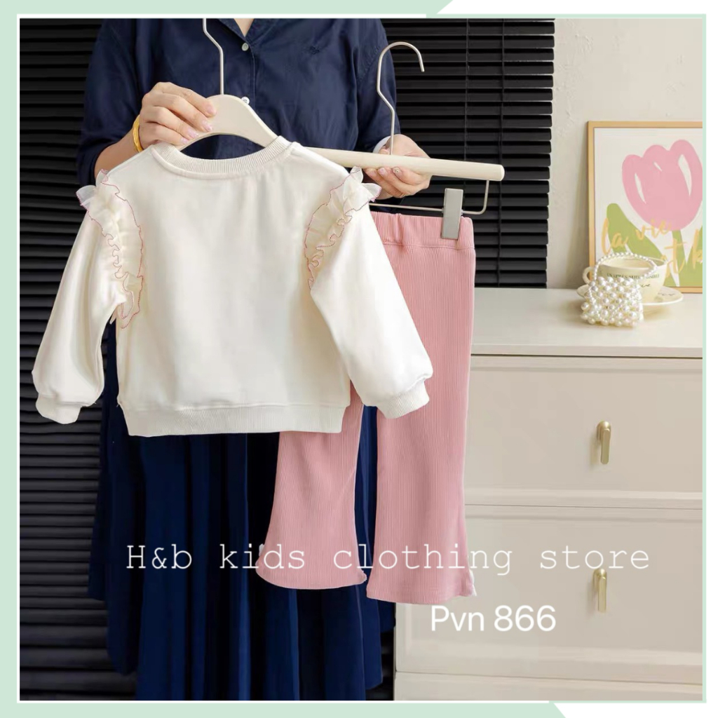 Set bộ thu đông cho bé gái, áo da cá tàu in hoạ tiết hoa kèm quần dài nhung tăm ống loe phối ren cho bé BBG120