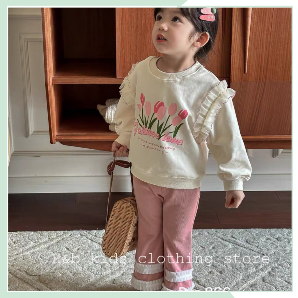 Set bộ thu đông cho bé gái, áo da cá tàu in hoạ tiết hoa kèm quần dài nhung tăm ống loe phối ren cho bé BBG120