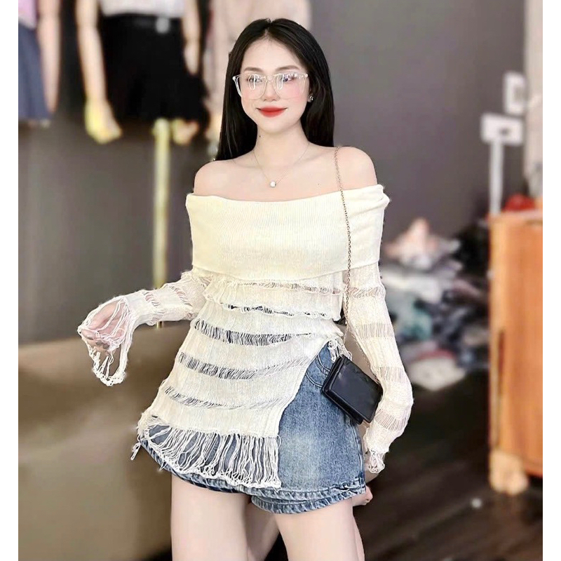 Áo Len Bệt Vai tay dài MaTh, Áo Ren Rách Tua Rua Vạt chéo