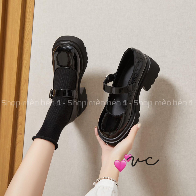 Giày búp bê quai ngang khoá cài mũi tròn da bóng đế cao fullbox hàng quảng châu cao cấp