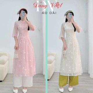 Set Áo Dài Tết Cách Tân, Bộ Áo Dài Thêu Tết Tay Voan Lỡ 4 Tà Kèm Quần Suông Trắng Xanh  Siêu Xinh Thiết Kế Đi Chơi Tiệc