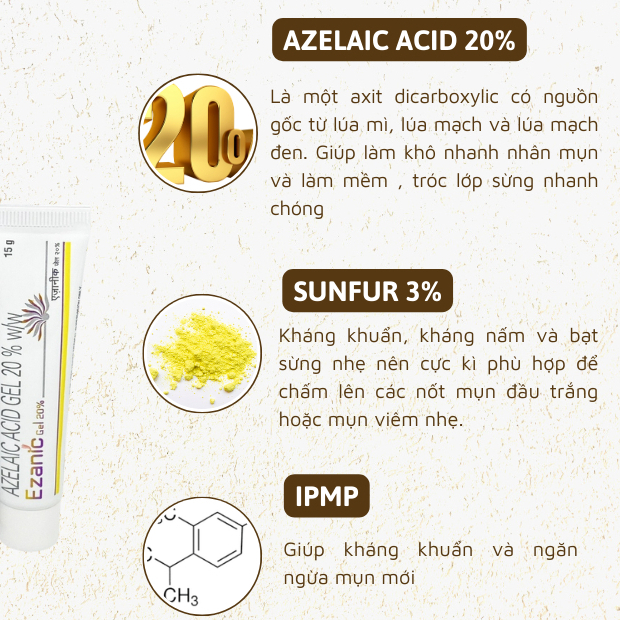 Kem giảm mụn Azelaic Acid 20 % Ezanic Gel, Cream dưỡng trắng da mờ thâm hiệu quả - Unipharma 15g