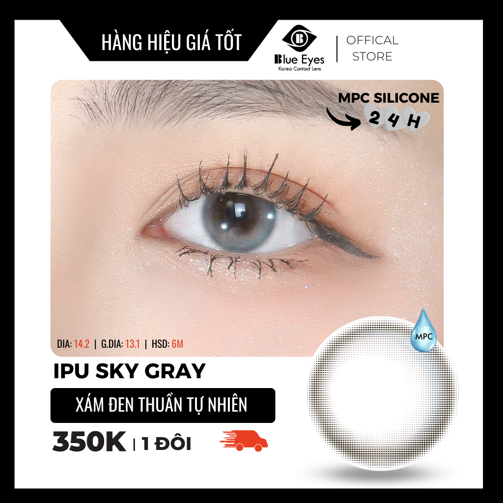 Kính áp tròng Inpure Sky Gray Blue Eyes, dòng lens thở sử dụng sáu tháng, giãn tròng vừa, màu xám đen thuần IPU-GR