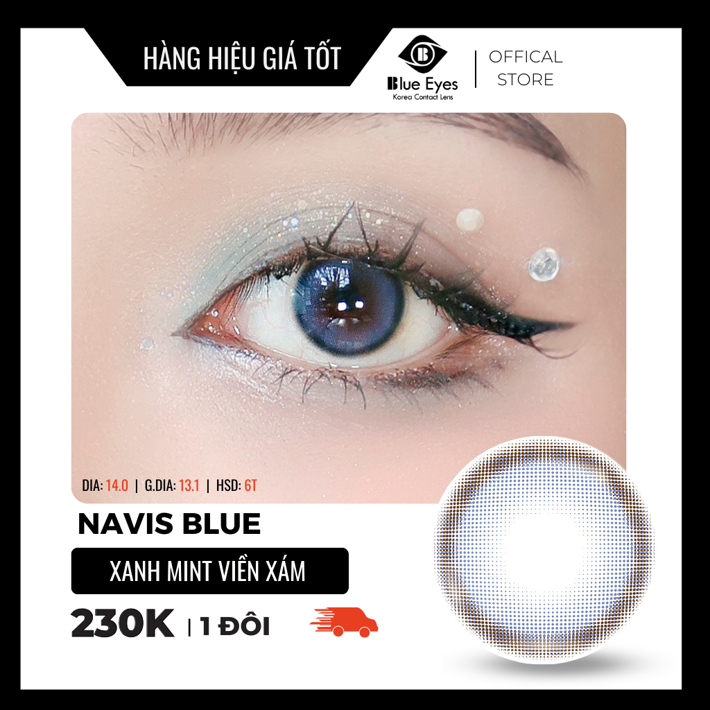 Kính áp tròng Navis Blue Eyes, dòng lens cận sử dụng sáu tháng, giãn tròng vừa, màu xanh mint viền xám NAV-BL
