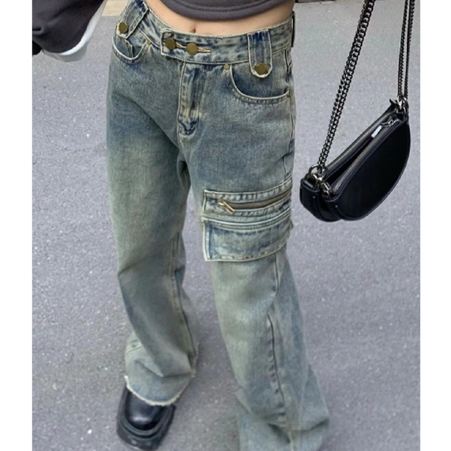 Quần Jeans Ống Rộng Lưng Cao Túi Hộp Phong Cách Retro Hàn Quốc Denim Mẫu Mới 2023