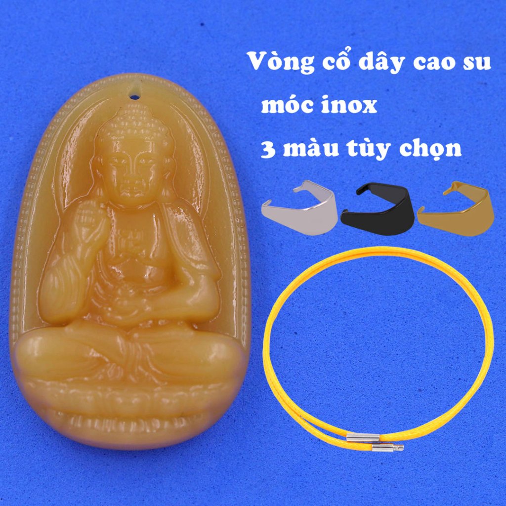 Mặt Phật A di đà đá vàng kèm vòng cổ dây cao su vàng + móc inox, mặt Phật bản mệnh, mặt dây chuyền Phật
