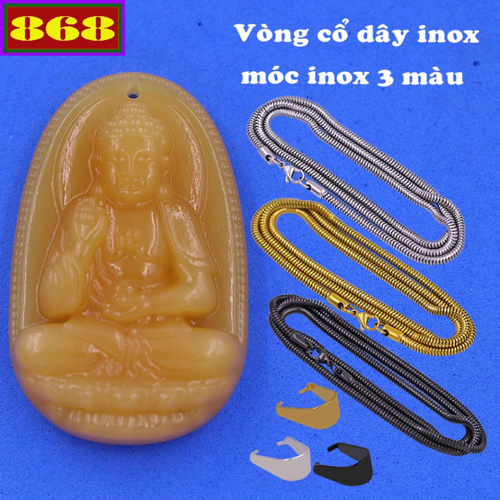 Mặt Phật A di đà đá vàng kèm vòng cổ dây chuyền inox rắn + móc inox, mặt Phật bản mệnh, mặt dây chuyền Phật
