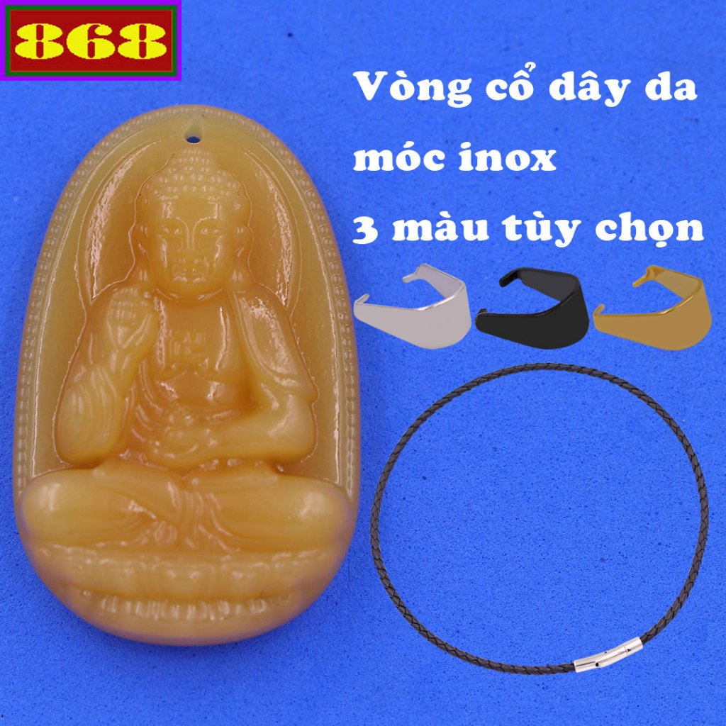 Mặt Phật A di đà đá vàng kèm vòng cổ dây da đen + móc inox, mặt Phật bản mệnh, mặt dây chuyền Phật