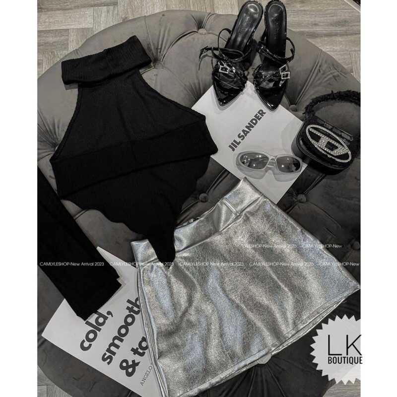 Set áo tăm cổ yếm kèm bao tay mix chân váy da bạc