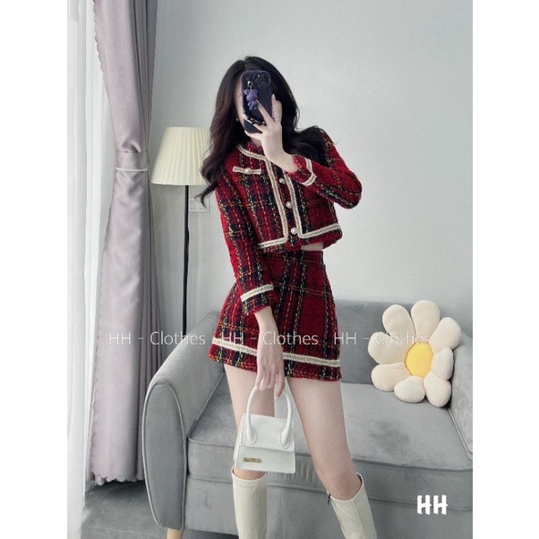 Set Dạ Kẻ Đỏ Pha Viền Trắng Nhũ Mix Chân Váy Dạ Dáng Chữ A Uyên Baby