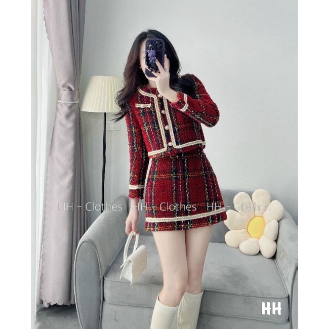 Set Dạ Kẻ Đỏ Pha Viền Trắng Nhũ Mix Chân Váy Dạ Dáng Chữ A Uyên Baby