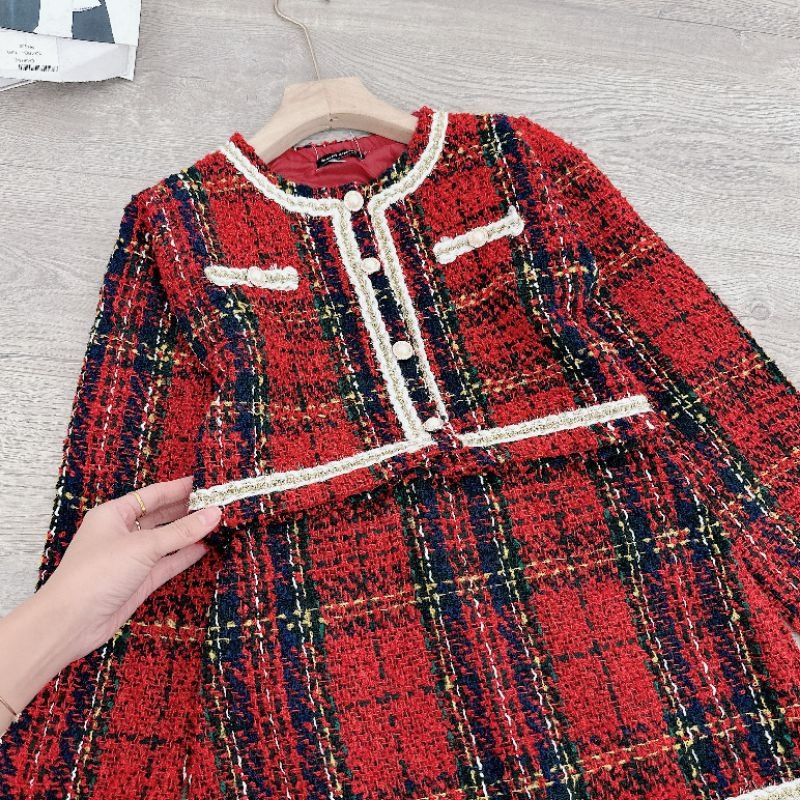 Set Dạ Kẻ Đỏ Pha Viền Trắng Nhũ Mix Chân Váy Dạ Dáng Chữ A Uyên Baby