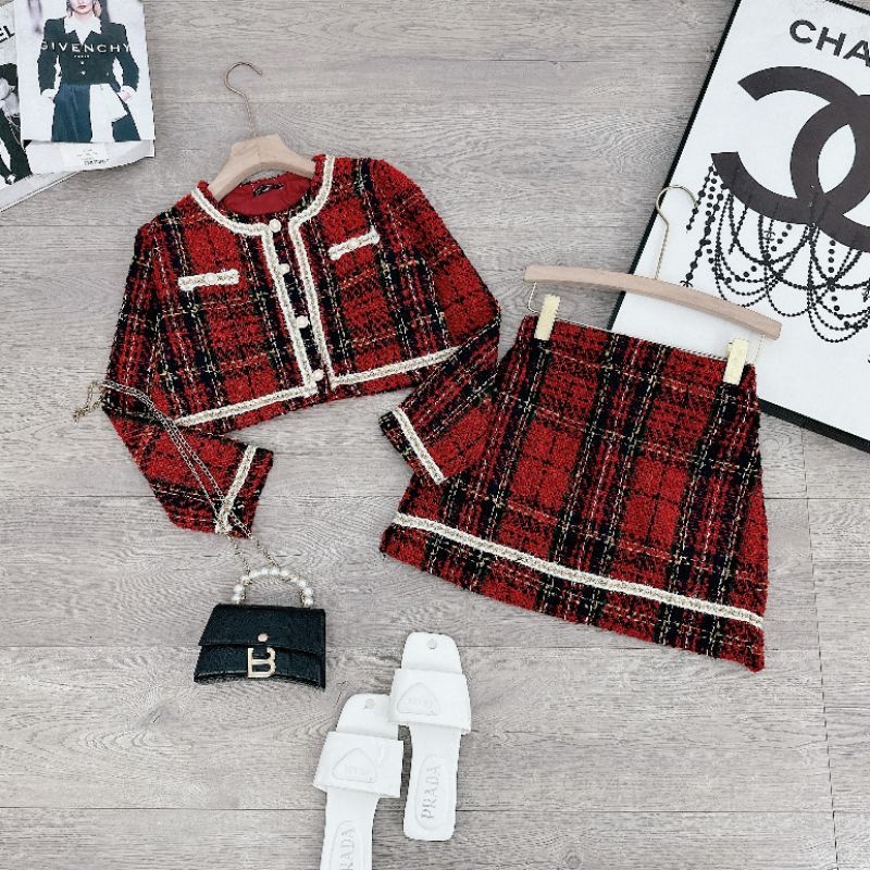 Set Dạ Kẻ Đỏ Pha Viền Trắng Nhũ Mix Chân Váy Dạ Dáng Chữ A Uyên Baby