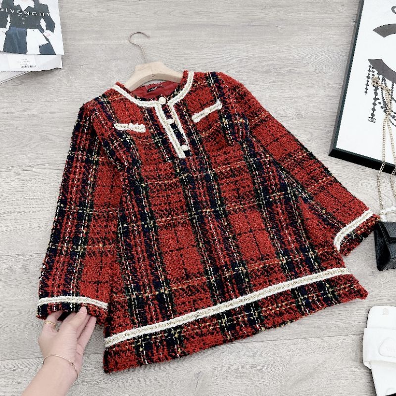 Set Dạ Kẻ Đỏ Pha Viền Trắng Nhũ Mix Chân Váy Dạ Dáng Chữ A Uyên Baby