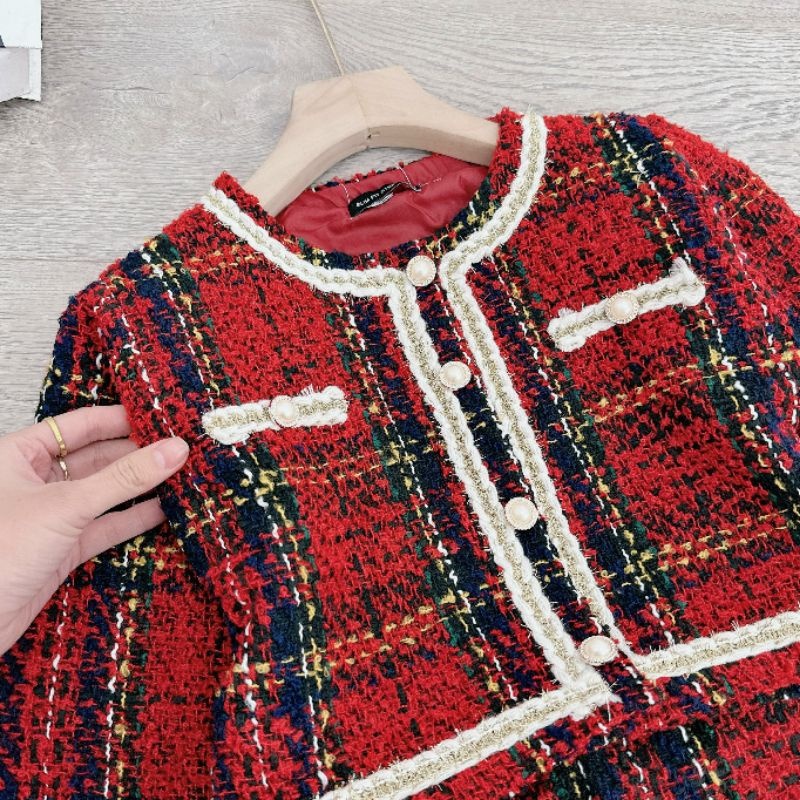 Set Dạ Kẻ Đỏ Pha Viền Trắng Nhũ Mix Chân Váy Dạ Dáng Chữ A Uyên Baby