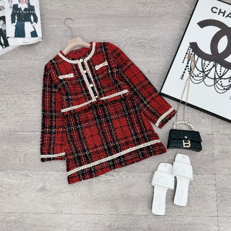 Set Dạ Kẻ Đỏ Pha Viền Trắng Nhũ Mix Chân Váy Dạ Dáng Chữ A Uyên Baby