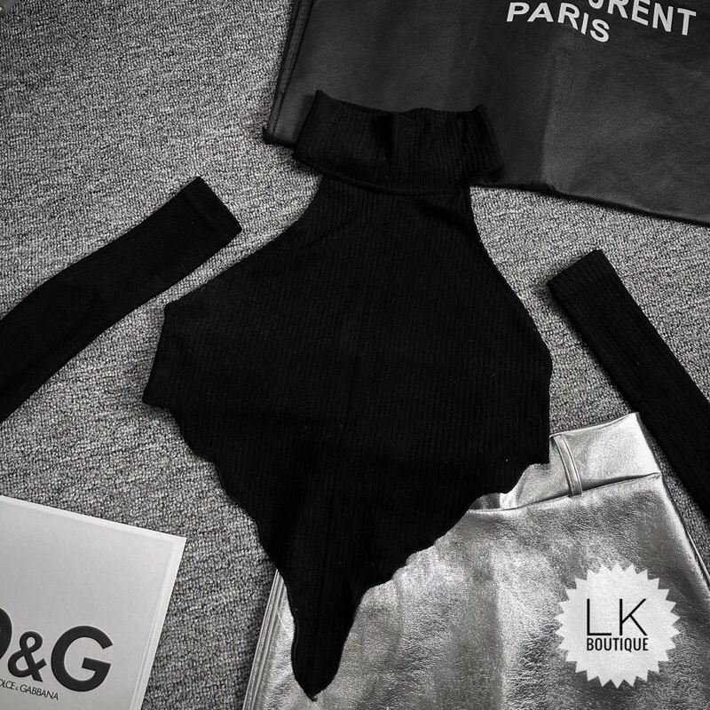 Set áo tăm cổ yếm kèm bao tay mix chân váy da bạc