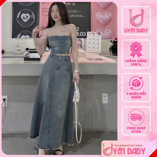 Set váy - đầm jean bò denim cúp ngực, áo quây ngực chun lưng phối chân váy jean dáng dài siêu hot