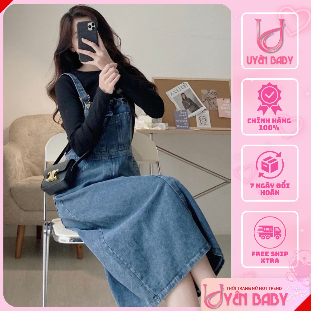  Yếm váy jean dáng dài đầm yếm bò nữ phong cách Hàn Quốc - Uyên Baby Store