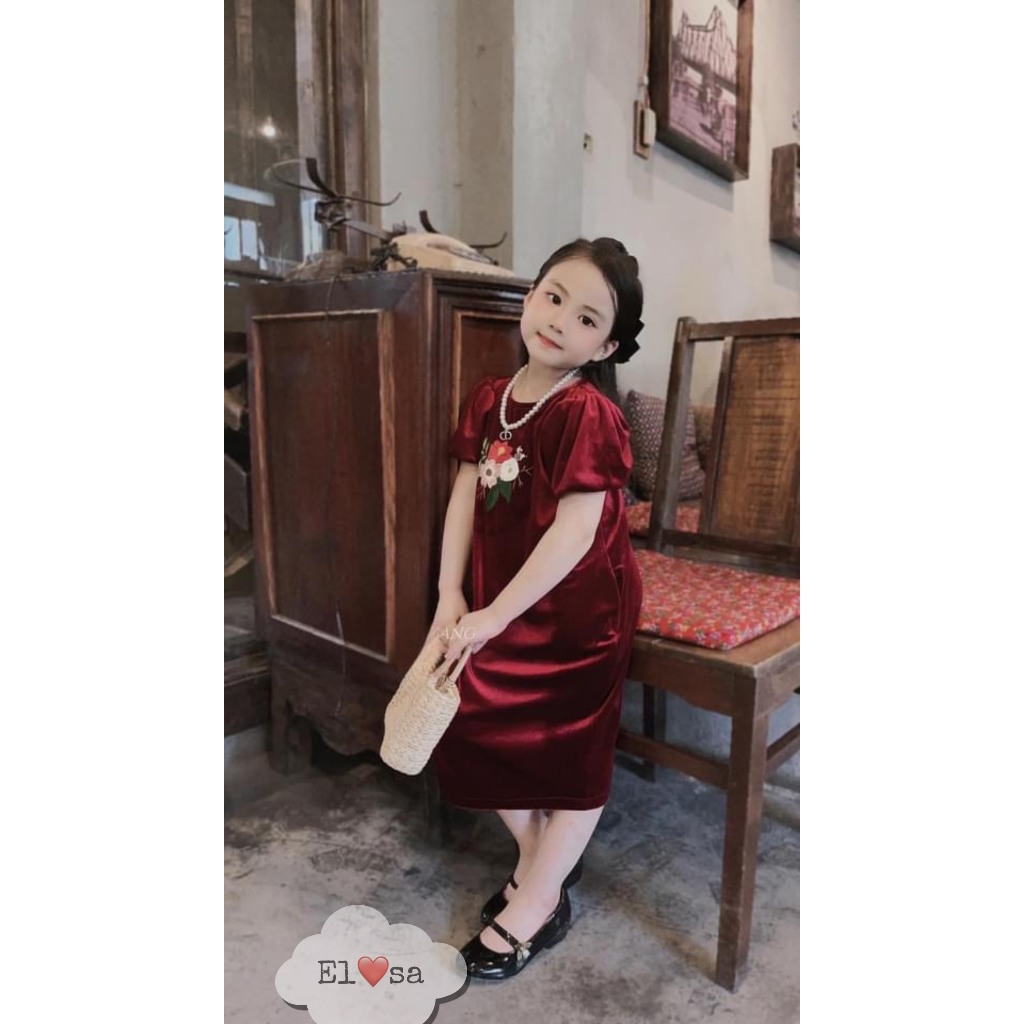 Váy bé gái- Váy Nhung Suông Thêu Hoa Siêu Xinh Cho Bé 1-5 Tuổi