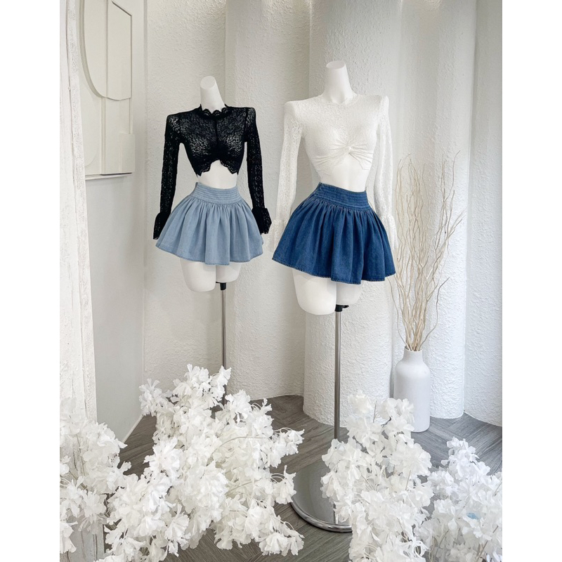 SET CHÂN VÁY DENIM ÁO REN TAY LOE XOẮN EO