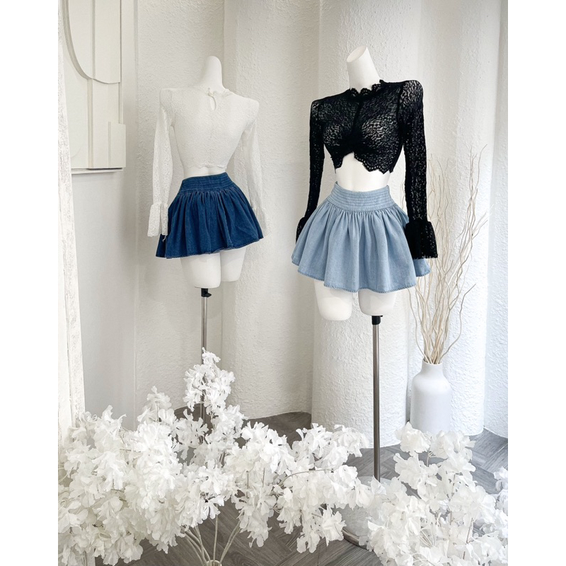 SET CHÂN VÁY DENIM ÁO REN TAY LOE XOẮN EO