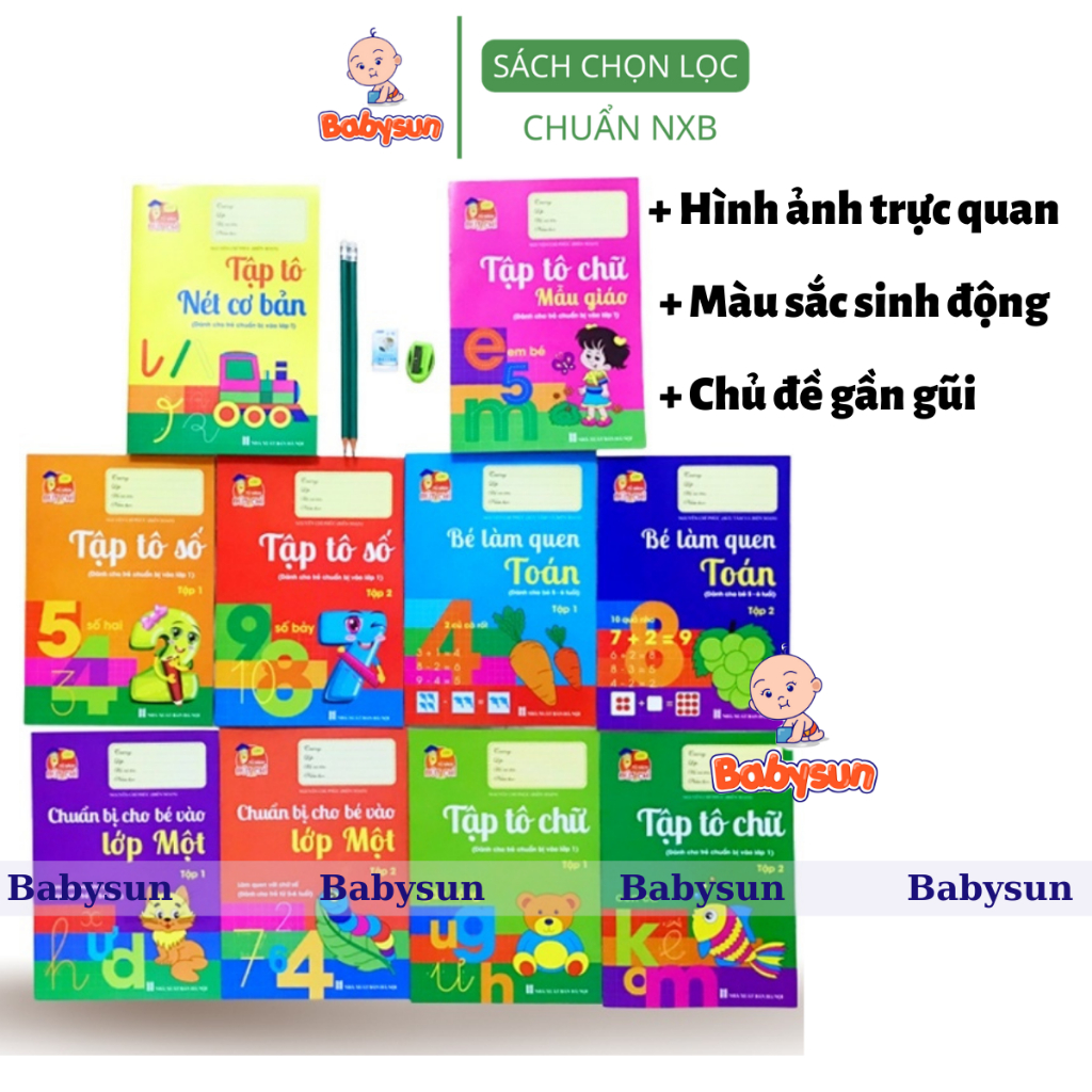 Sách - Bộ 10 Quyển hành trang cho bé vào lớp 1 tập tô tập viết chữ, số - 10 quyển kèm bút chì và tẩy. đệm tay