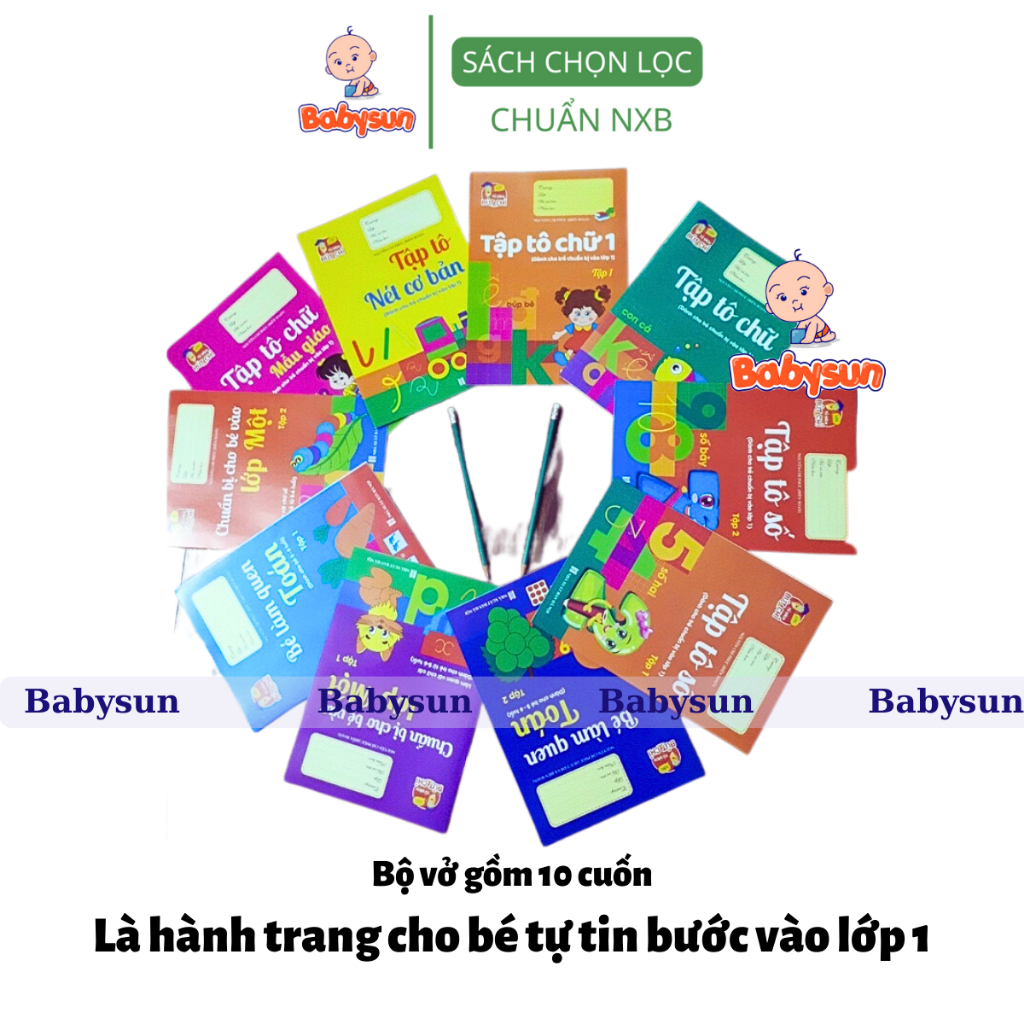 Sách - Bộ 10 Quyển hành trang cho bé vào lớp 1 tập tô tập viết chữ, số - 10 quyển kèm bút chì và tẩy. đệm tay