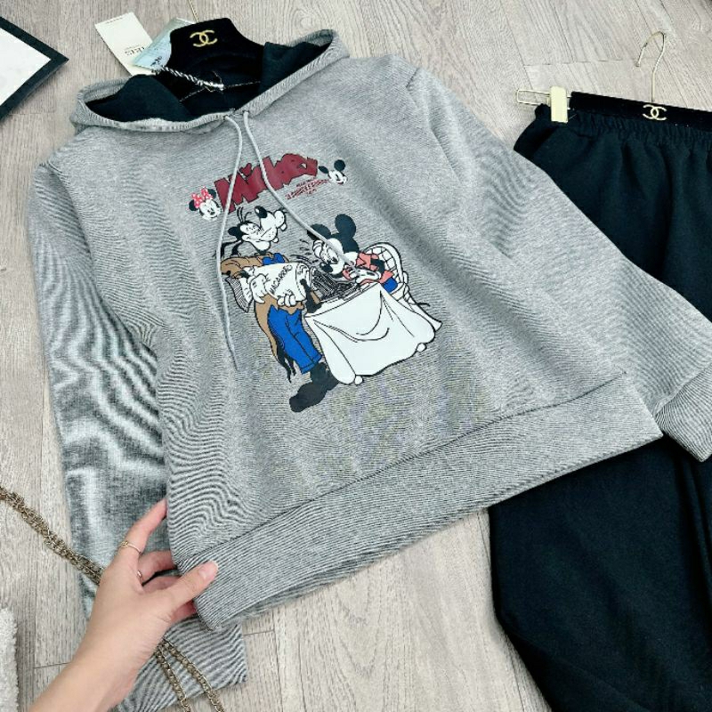BỘ HOẠT HÌNH MICKEY ÁO XÁM MŨ MIX QUẦN BAGGY
