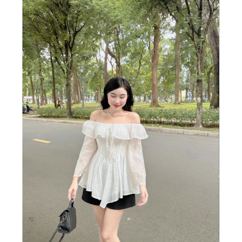 Sét Đũi Trễ Vai Kèm Quần Áo Có Dây Buộc Eo