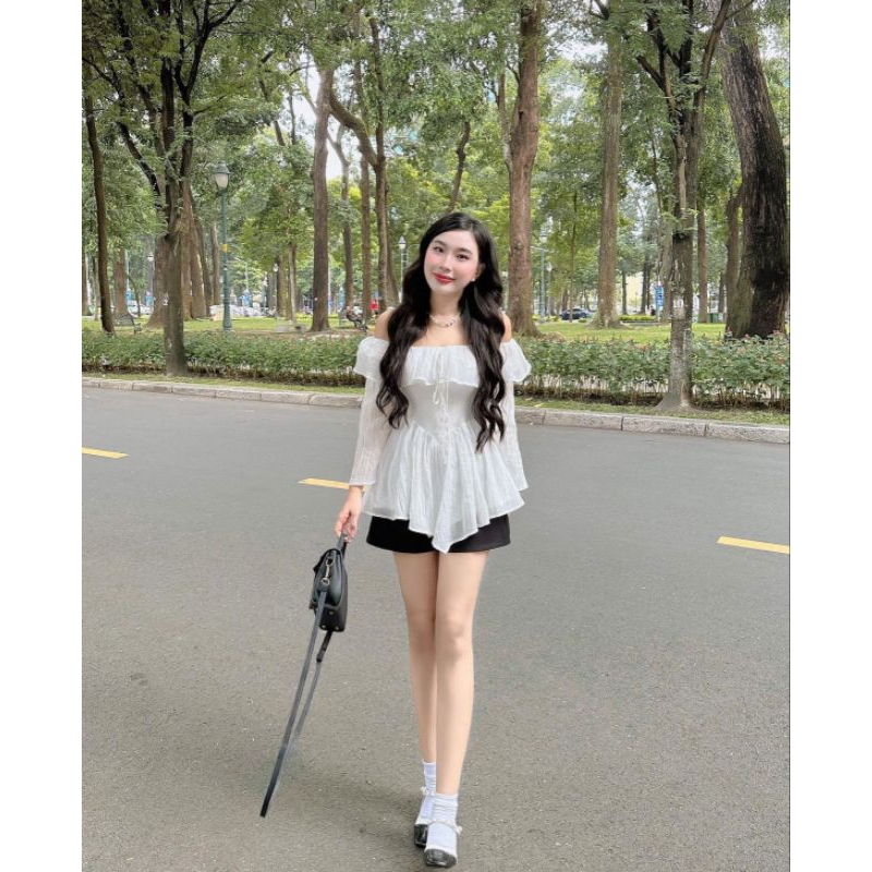 Sét Đũi Trễ Vai Kèm Quần Áo Có Dây Buộc Eo