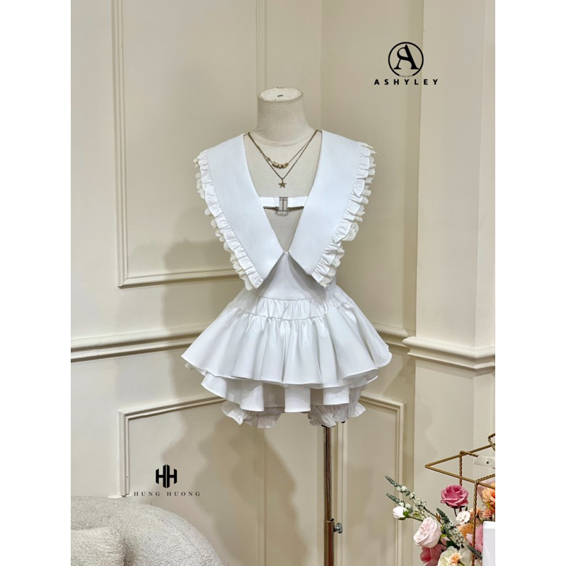 Váy cổ V kẹp bèo chân váy xòe TKCC ASHYLEY