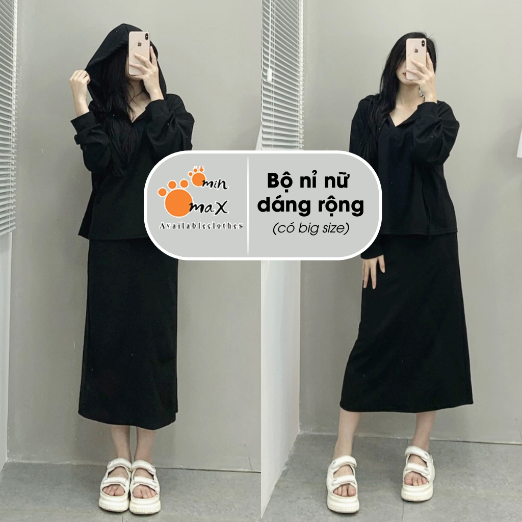 Bộ nỉ nữ Bigsize Minmax House Set áo nỉ tăm có mũ kèm chân váy dài chất nỉ tăm phong cách HQ