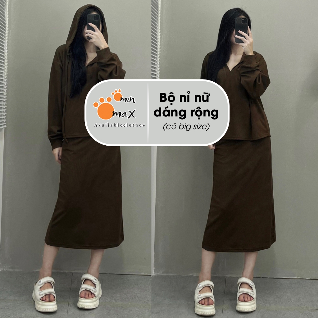 Bộ nỉ nữ Bigsize Minmax House Set áo nỉ tăm có mũ kèm chân váy dài chất nỉ tăm phong cách HQ