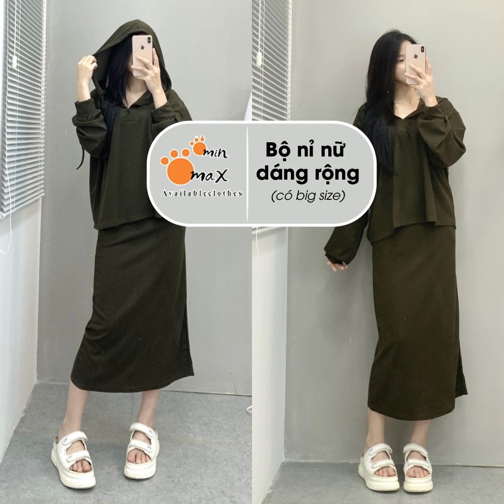 Bộ nỉ nữ Bigsize Minmax House Set áo nỉ tăm có mũ kèm chân váy dài chất nỉ tăm phong cách HQ