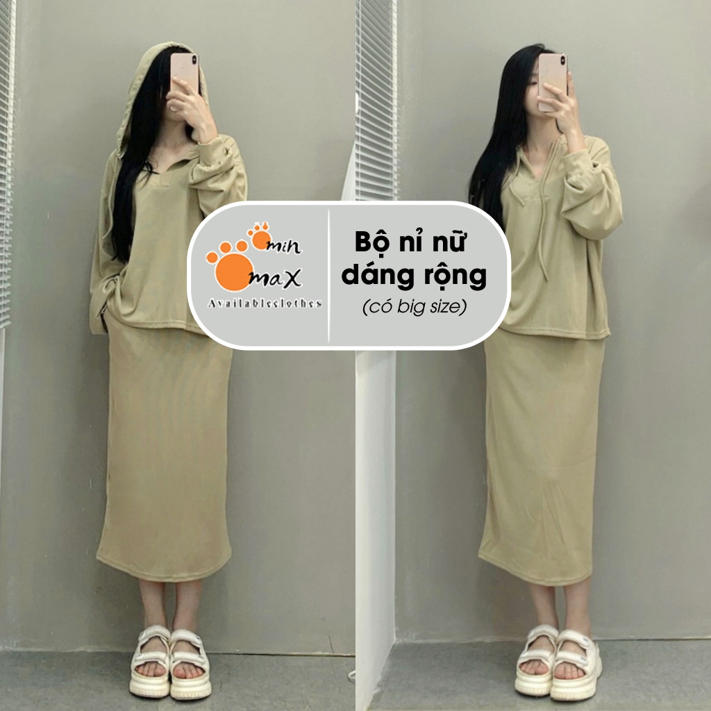 Bộ nỉ nữ Bigsize Minmax House Set áo nỉ tăm có mũ kèm chân váy dài chất nỉ tăm phong cách HQ