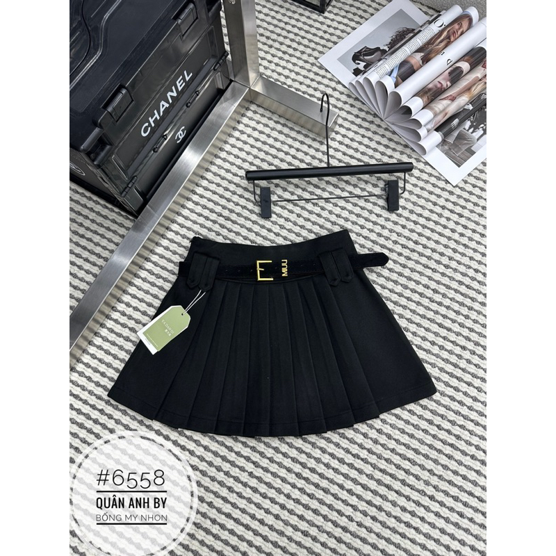 Chân váy dạ xoè xếp ly kèm đai QC