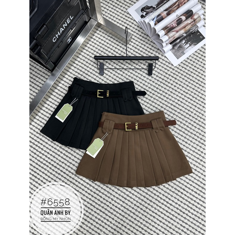 Chân váy dạ xoè xếp ly kèm đai QC