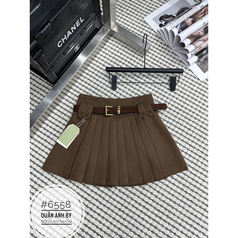 Chân váy dạ xoè xếp ly kèm đai QC