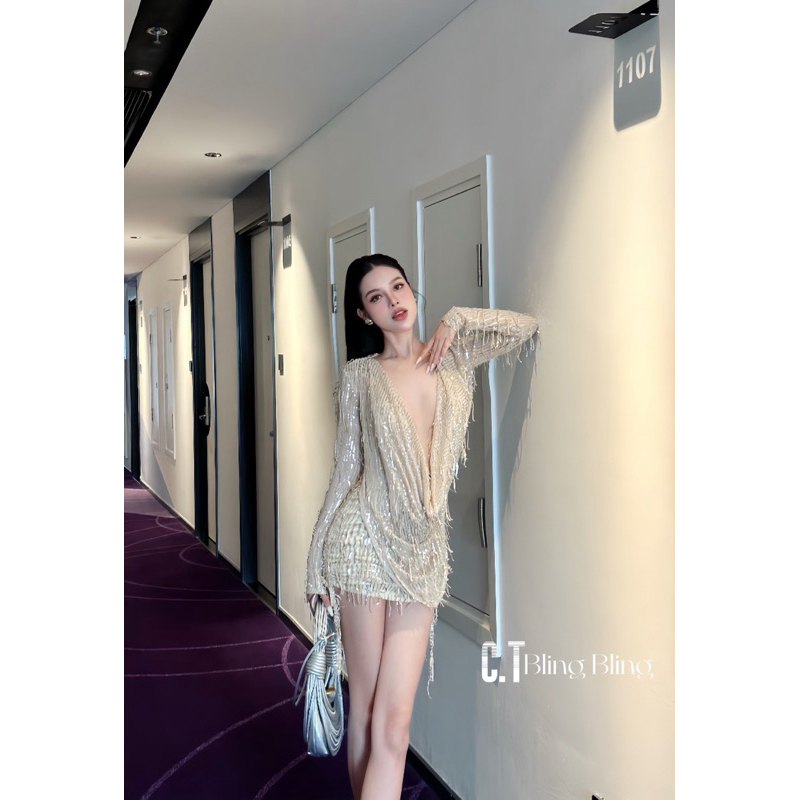 Set váy bling kim sa áo cổ đổ chân váy rút dây điều chỉnh được độ ngắn dài sang chảnh đi tiệc đi bar