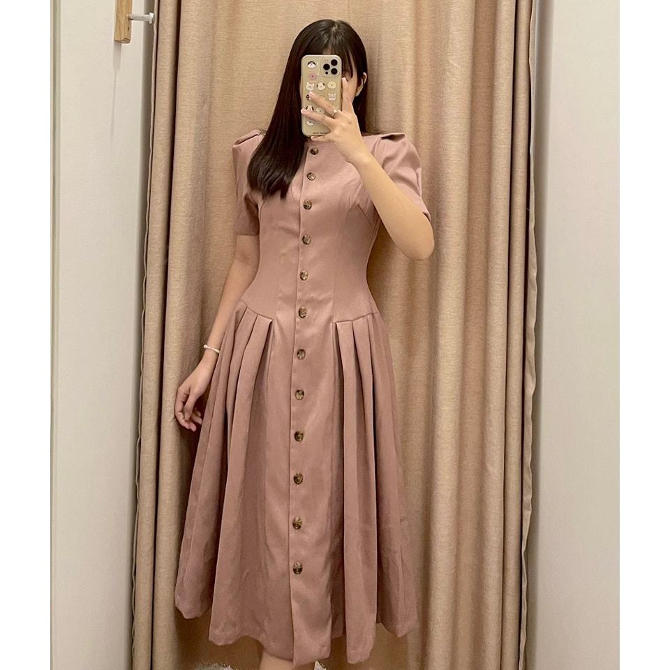 Đầm H@BBS nhung nút tay ngắn KAMI