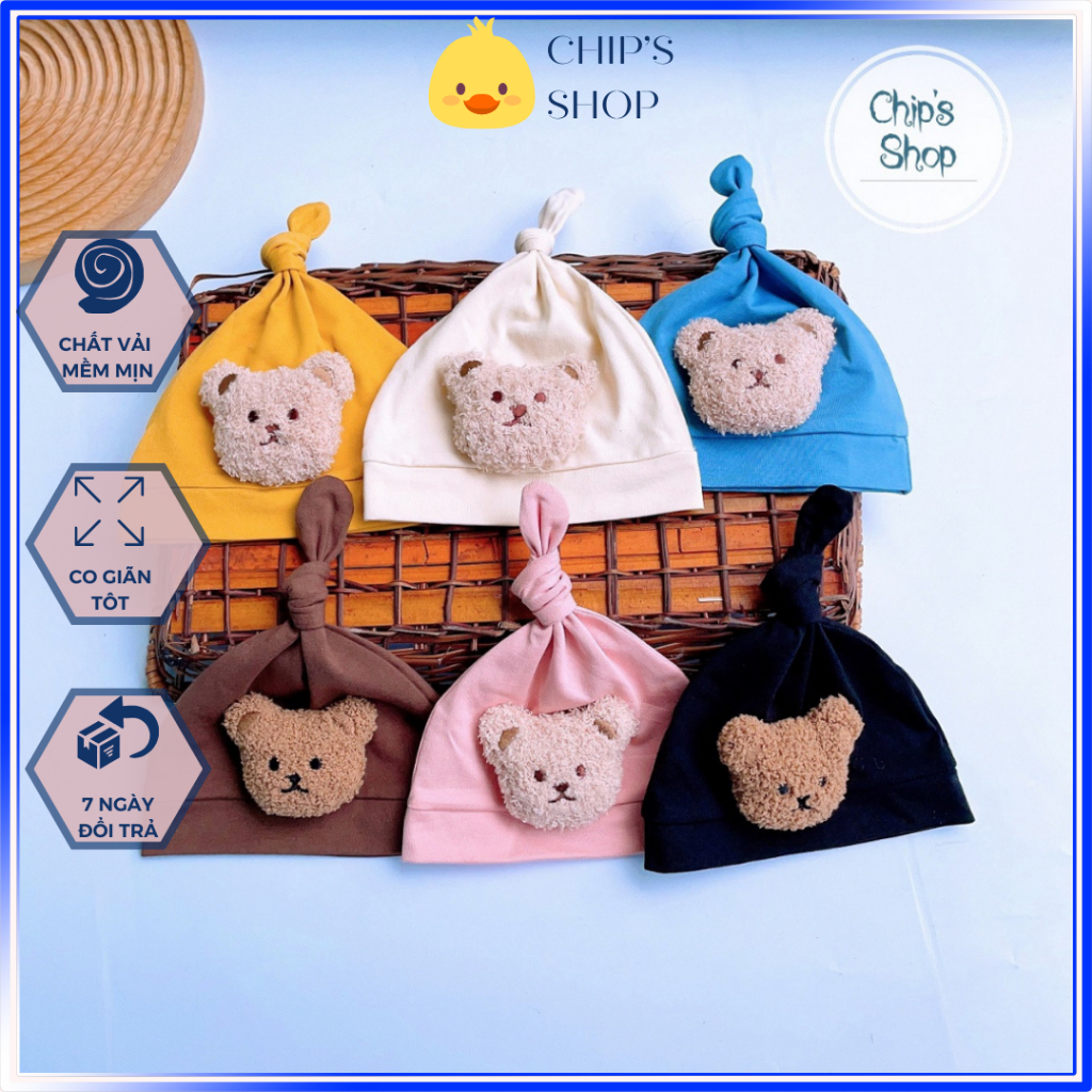 Mũ củ tỏi cotton đính gấu bông xù cho bé, trẻ sơ sinh, bé trai bé gái 3-10kg