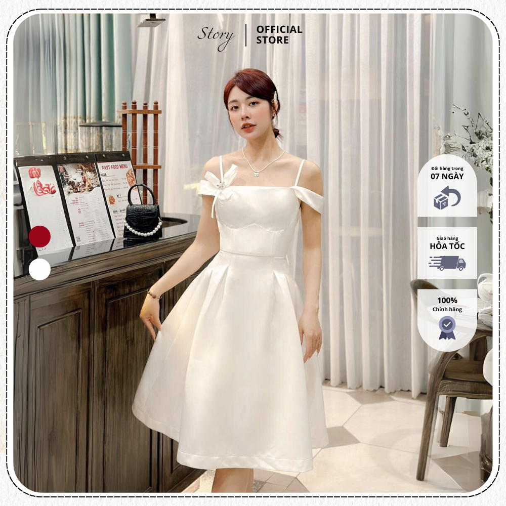 STORY Đầm/váy hai dây Dilan đính hoa vải cao cấp thắt eo tùng xòe thanh lịch quý phái Story.clothes thời trang nữ