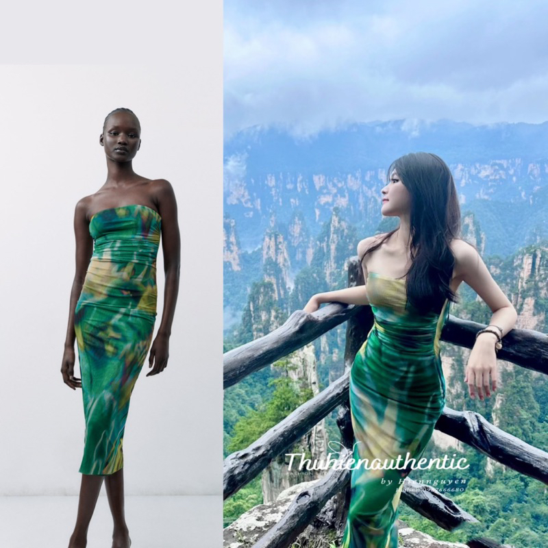 Váy body dáng dài màu xanh lá pha sành điệu mã code: 5039/373 ZARA chính hãng(kèm ảnh thật)