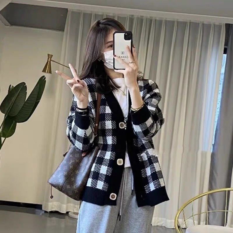 Áo cardigan khoác len nữ tay dài INFLACHI kẻ caro vintage nâu đen form dài rộng chất dày dặn kiểu Hàn Quốc H-12