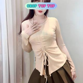 Áo kiểu nữ tay dài xẻ tà rút dây ôm body tôn dáng cổ tròn phối dây cực xinh chất vải dày dặn mềm mại ADT8