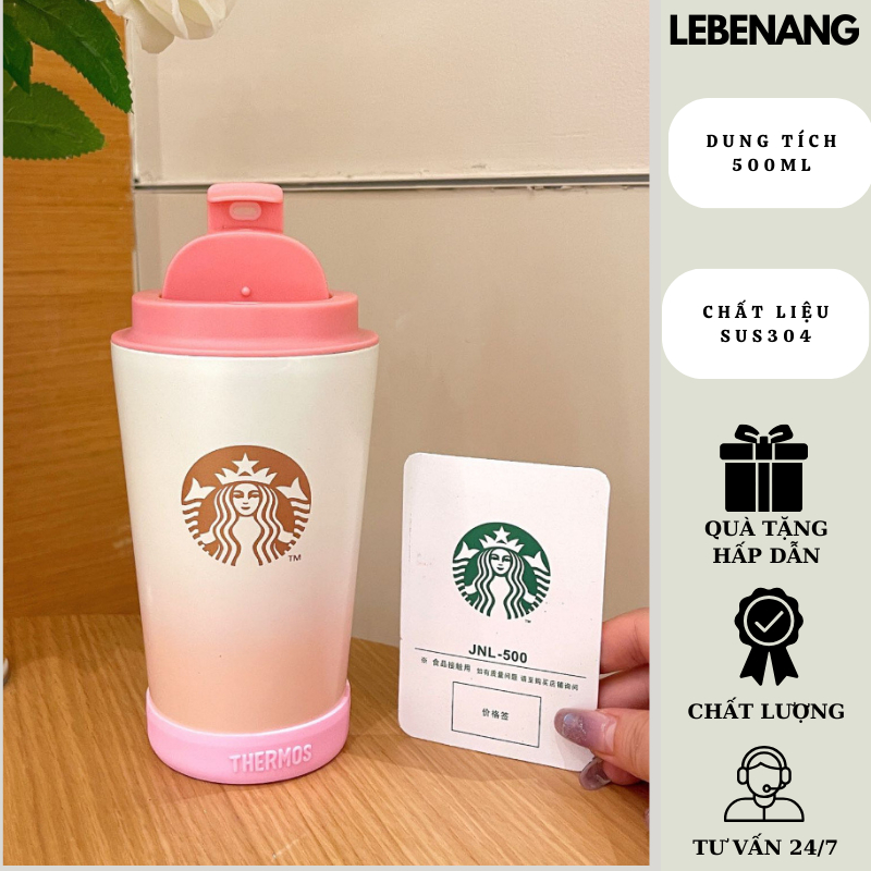 Bình giữ nhiệt inox 304 Starbucks nóng đá 6-8 tiếng, ly giữ nhiệt hồng baby tặng đế chống trượt Lebenang