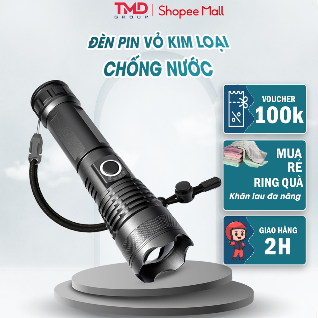 Đèn Pin Siêu Sáng TMD GROUP Pin Trâu 26650 (Sạc Type C) Vỏ kim loại chống nước bền bỉ - 5 chế độ chiếu sáng